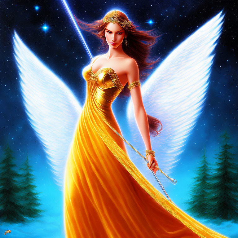 Angelic figure with golden dress and wings against starry sky.