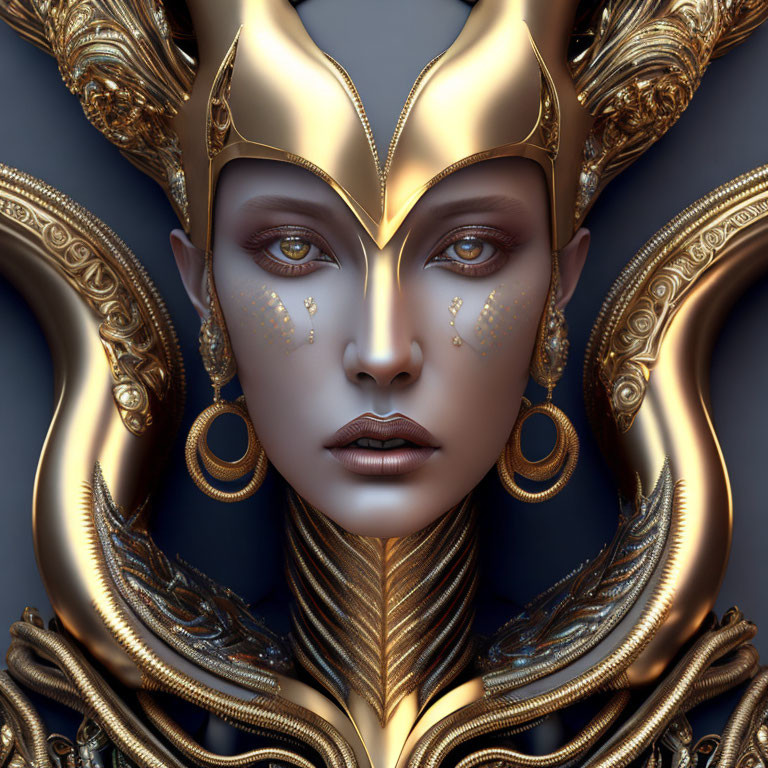 Detailed digital artwork of a person with golden ornate headgear and jewelry, showcasing regal appearance and