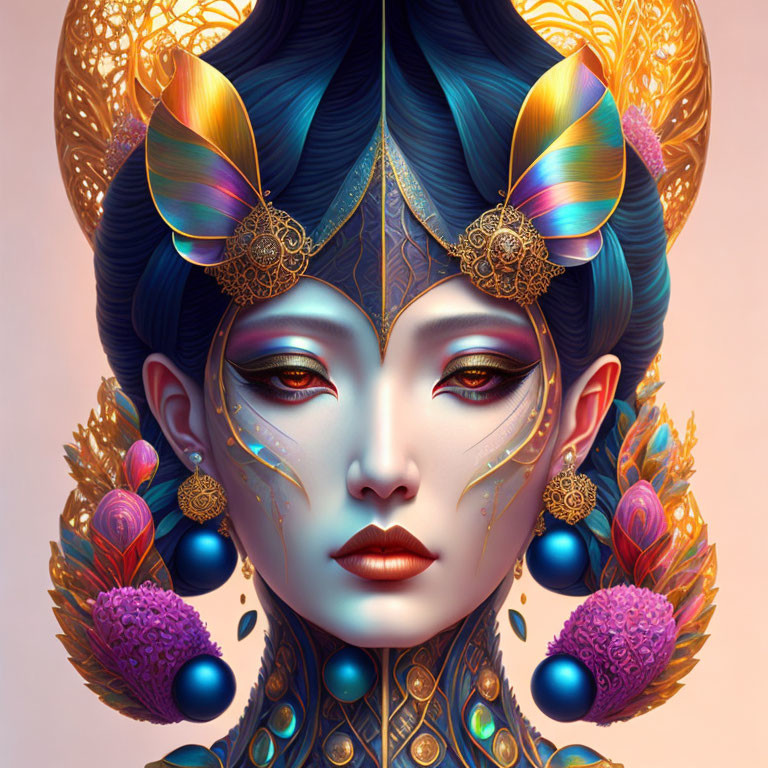 Stylized female digital artwork with blue and gold headgear and ornate makeup