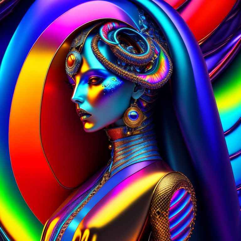 Colorful digital artwork of female figure in elaborate headgear against rainbow backdrop