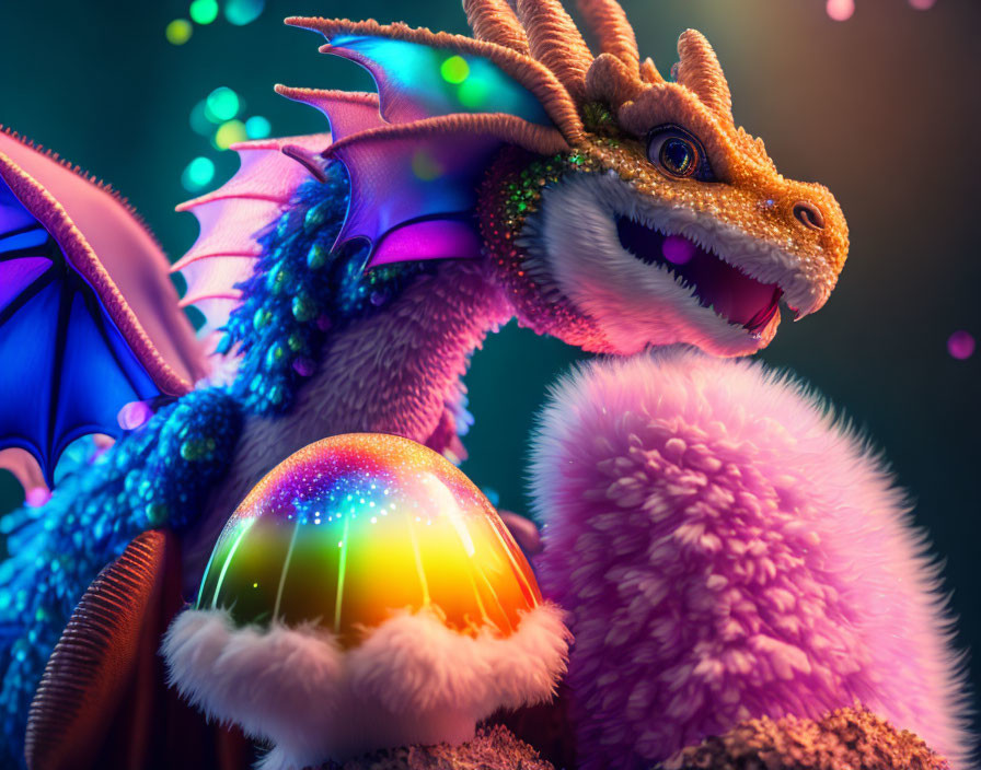 Colorful dragon artwork with sparkling scales and magical orb