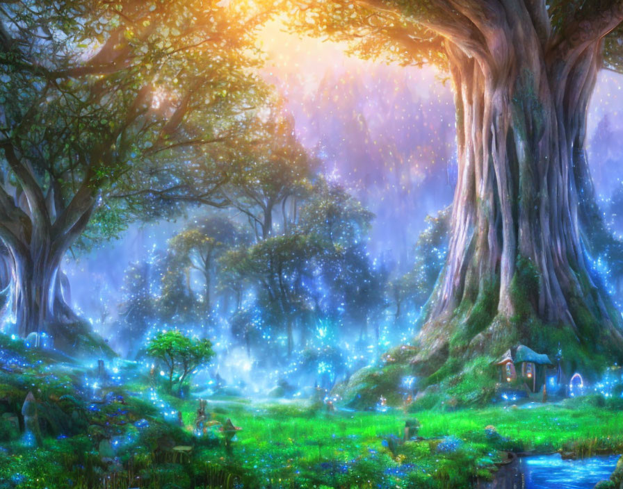 Enchanted forest with vibrant greenery, mystical lights, giant trees, stream, and shrine in