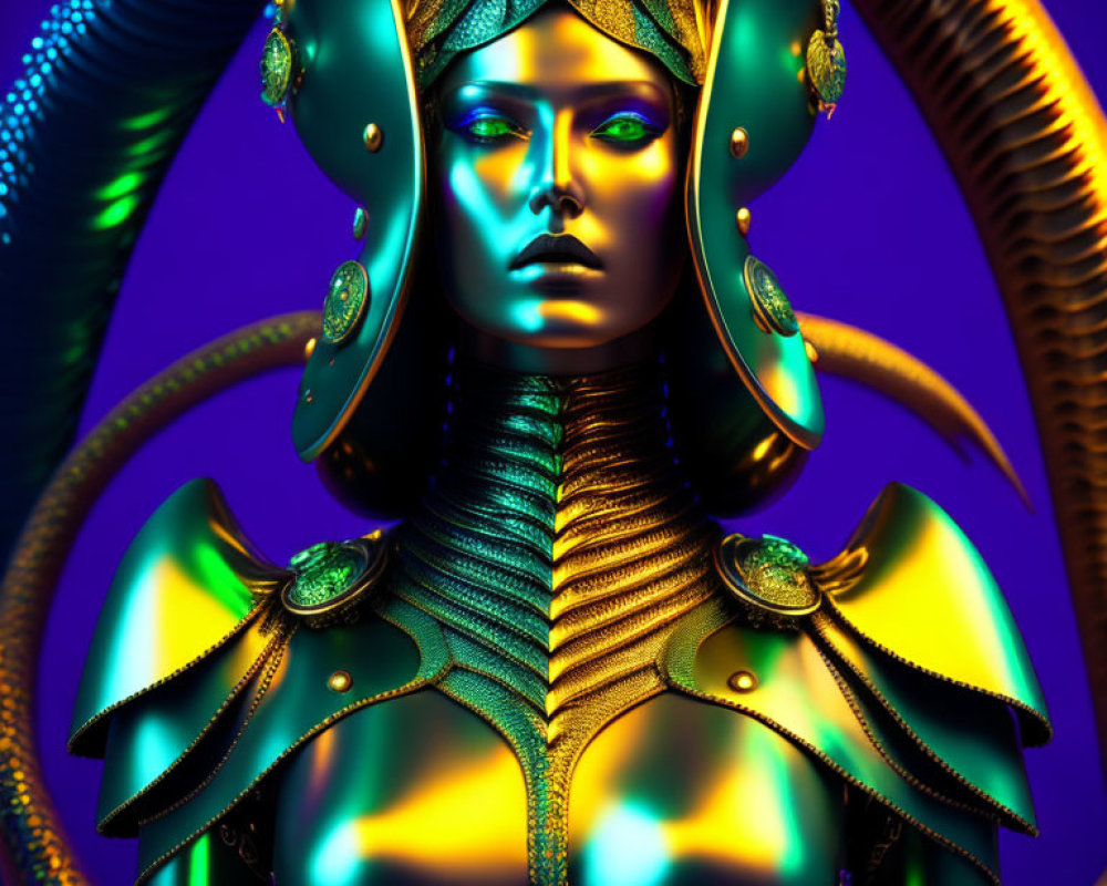 Surreal humanoid figure in golden armor on blue-purple gradient.