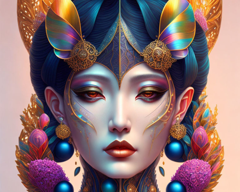 Stylized female digital artwork with blue and gold headgear and ornate makeup