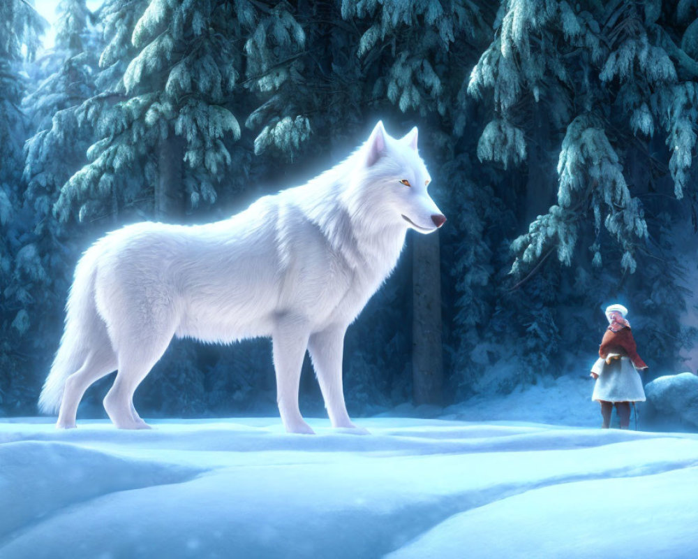 White wolf with girl in red cloak in snowy forest