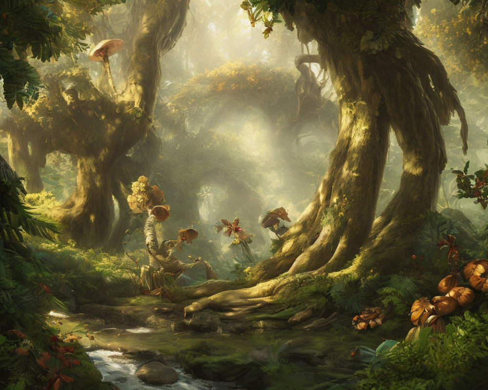 Majestic forest scene with towering trees, oversized mushrooms, stream, and sunlight beams.