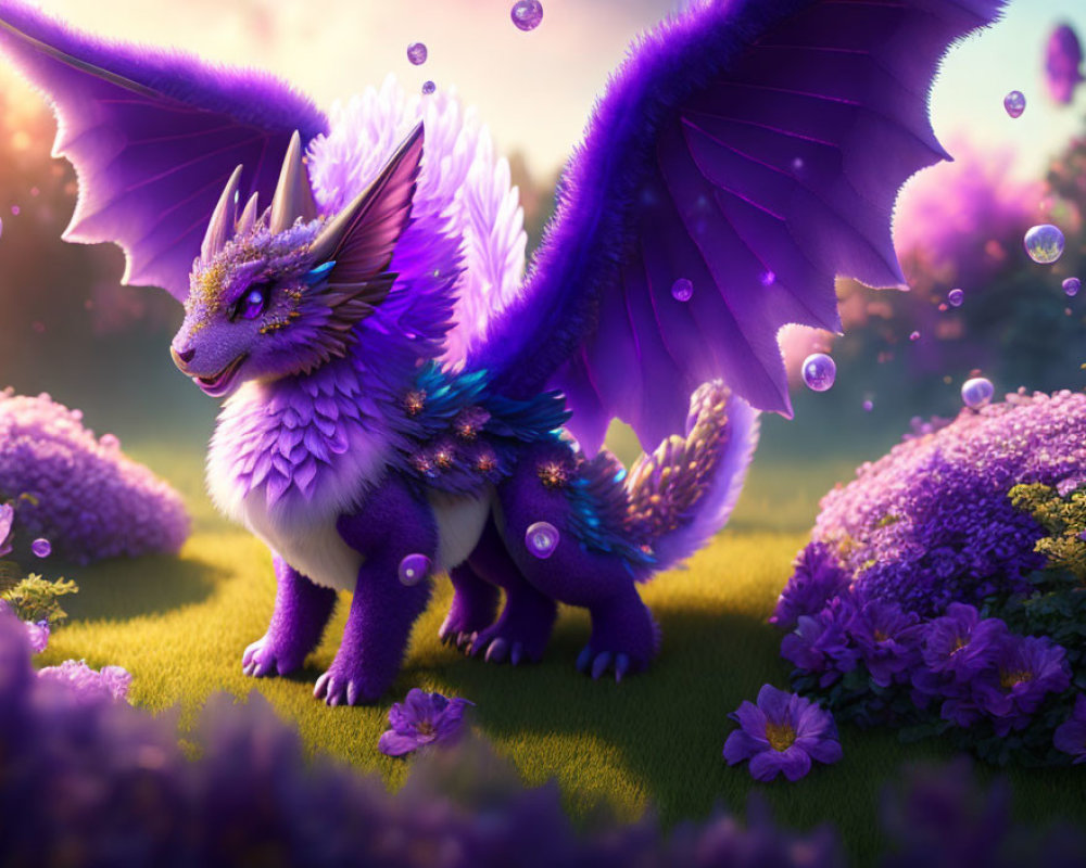 Purple dragon with wings in enchanted meadow surrounded by bubbles and lush flora in golden light