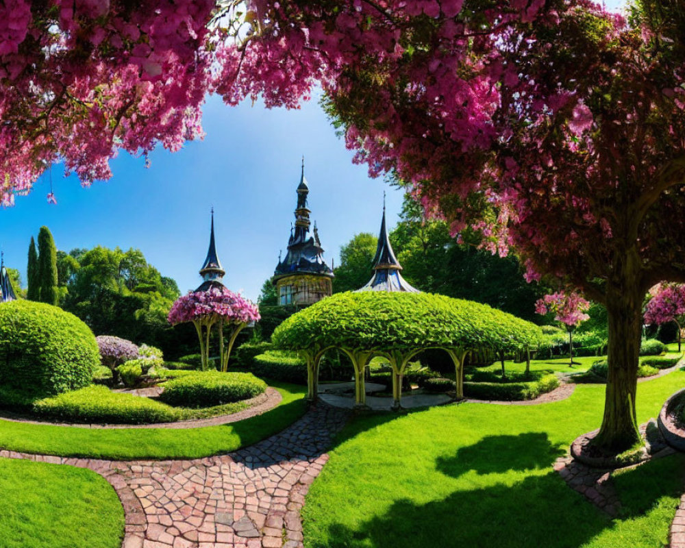 Vibrant pink blossoming trees and gazebo in lush garden setting