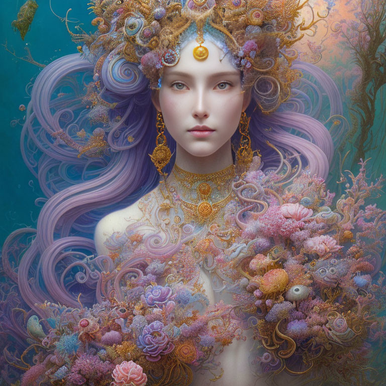 Fantastical portrait of woman with purple hair and gold jewelry in aquatic setting