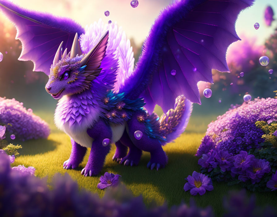 Purple dragon with wings in enchanted meadow surrounded by bubbles and lush flora in golden light