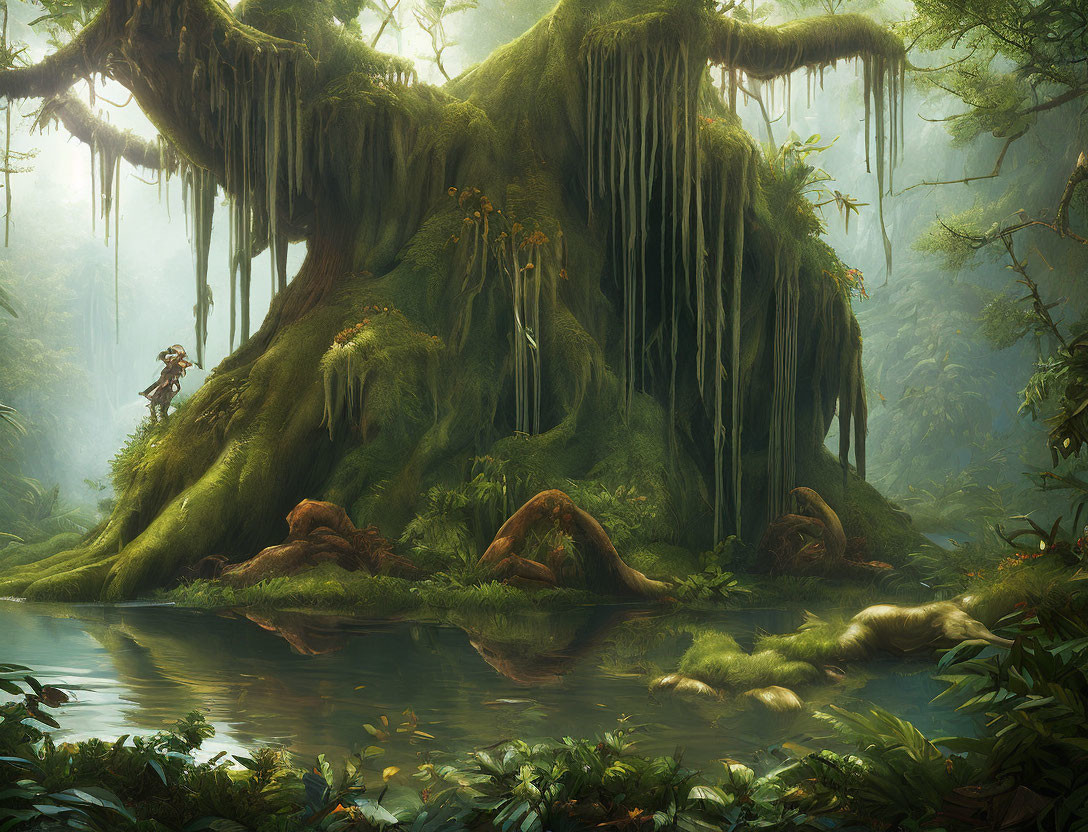 Enchanting forest scene with giant moss-covered tree and serene river