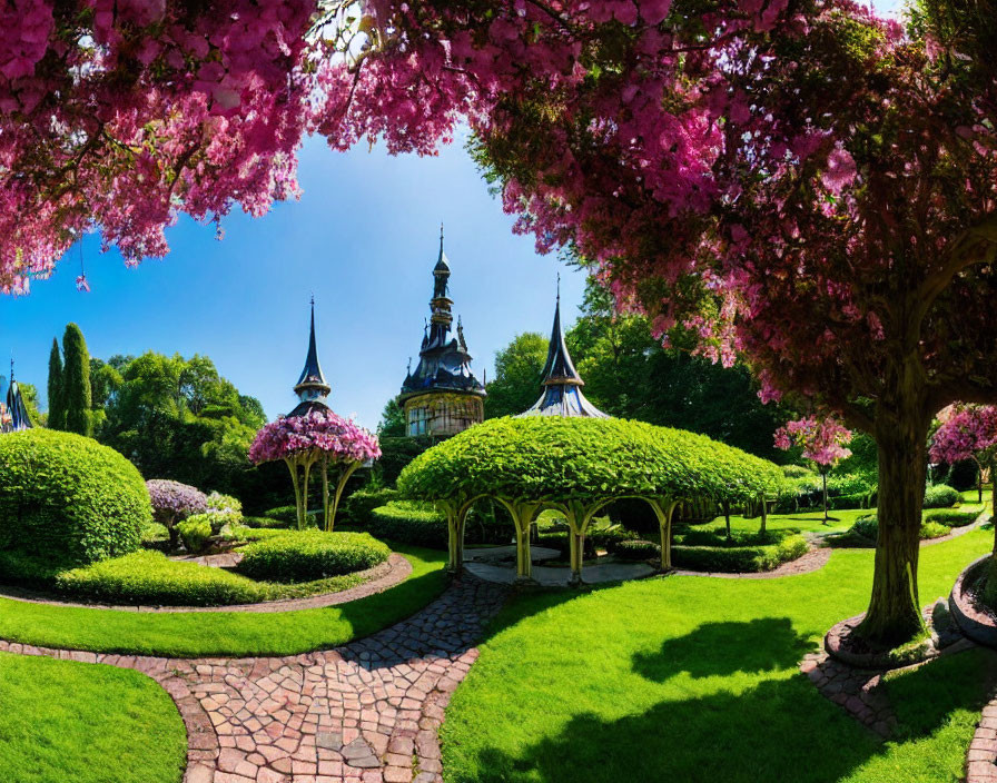 Vibrant pink blossoming trees and gazebo in lush garden setting