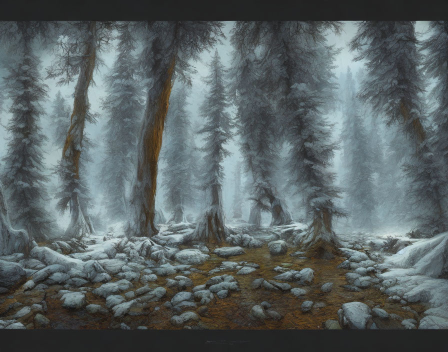 Snow-covered misty forest with tall trees and subdued light.