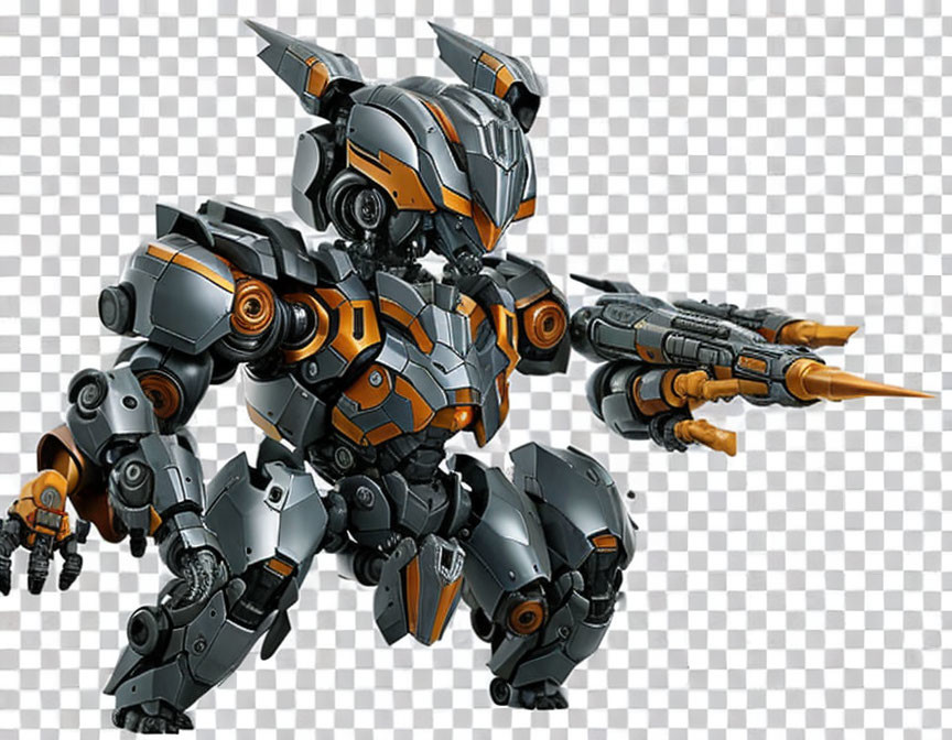 Metallic armored robot with orange highlights holding a large gun