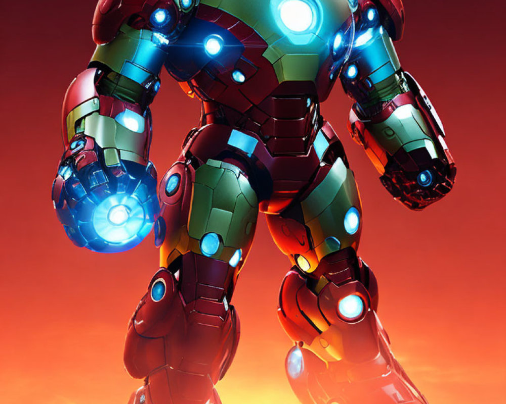 Detailed Close-Up: Red and Gold Armored Robotic Suit with Glowing Blue Arc Reactors