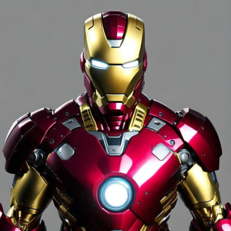 Detailed Iron Man suit in red and gold with glowing blue arc reactor