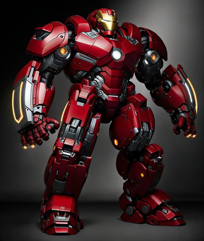 Detailed Iron Man suit model in vibrant red with gold accents