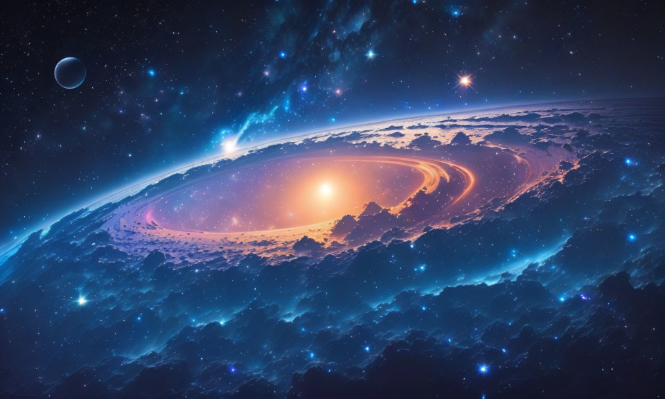 Colorful digital space art: Glowing galaxy, swirling arms, bright stars, distant planet.