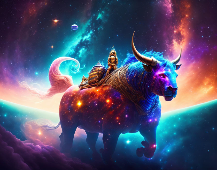 Cosmic bull with ornate armor carries warrior in star-filled nebula sky