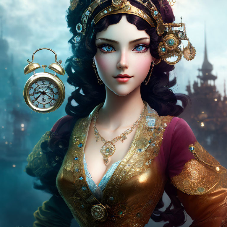 Fantasy woman in steampunk attire with blue eyes and golden pocket watch in whimsical cityscape