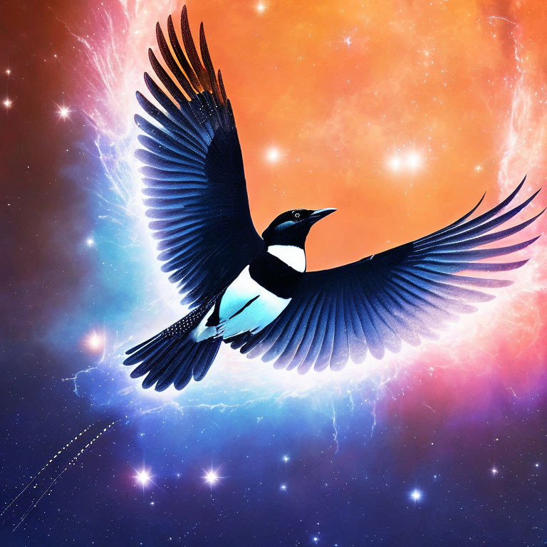 Magpie flying in cosmic backdrop of oranges, blues, stars