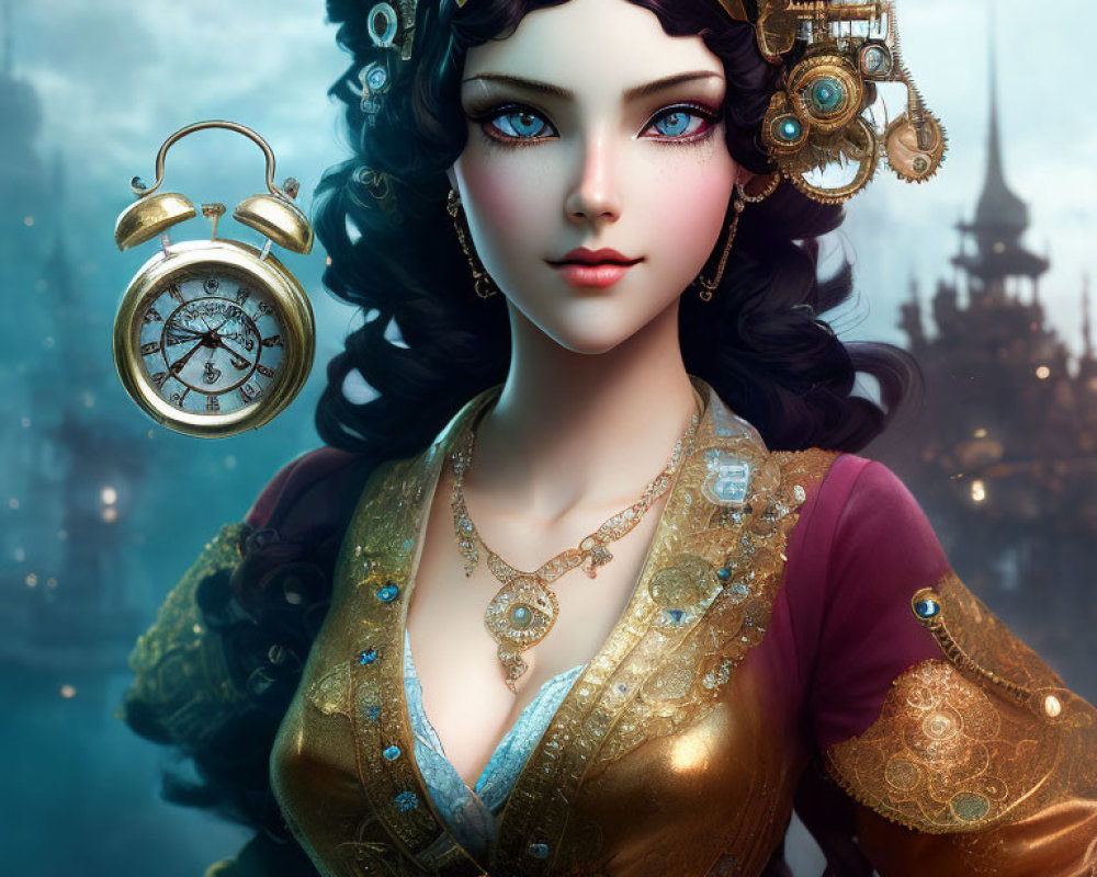 Fantasy woman in steampunk attire with blue eyes and golden pocket watch in whimsical cityscape