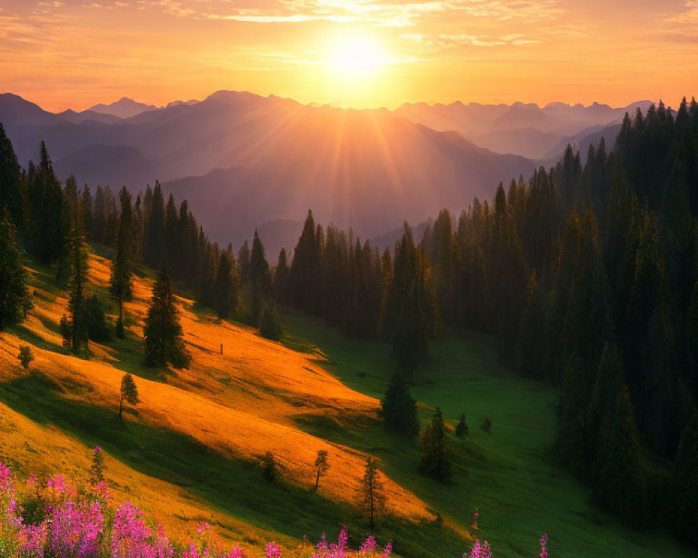 Mountain sunrise with sunlight, clouds, meadow, and wildflowers