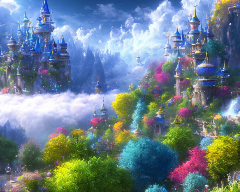 Colorful fantasy landscape with castles, flora, clouds, and mountains under blue sky