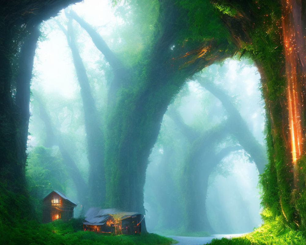 Tranquil Forest Path with Sunlight and Small House