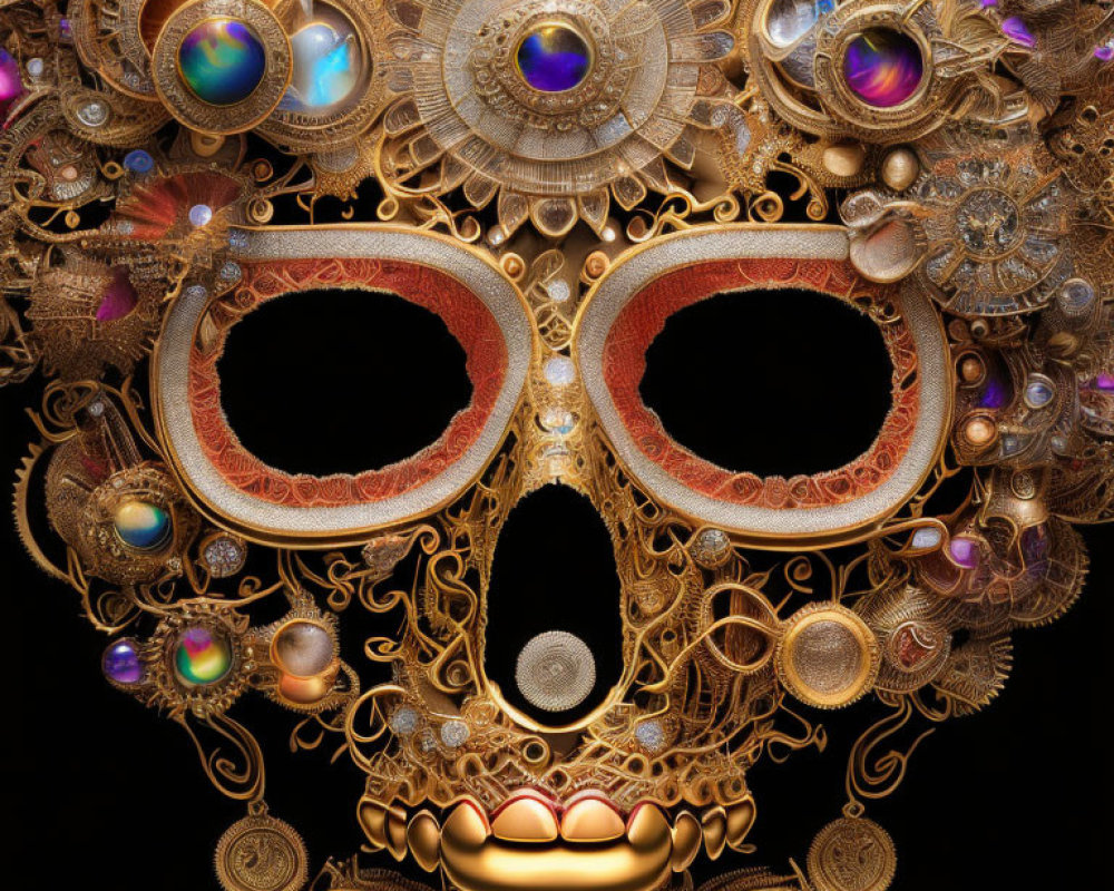 Golden mask with gems and filigree on black background