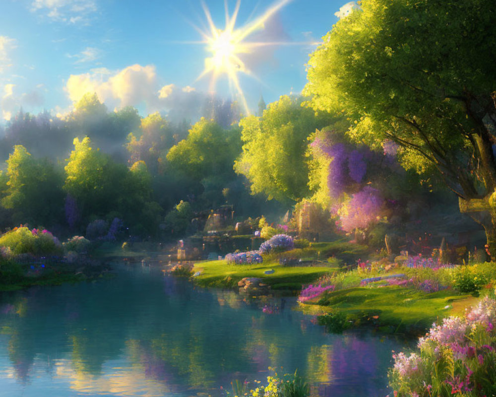 Tranquil landscape with river, trees, flowers, and sunburst