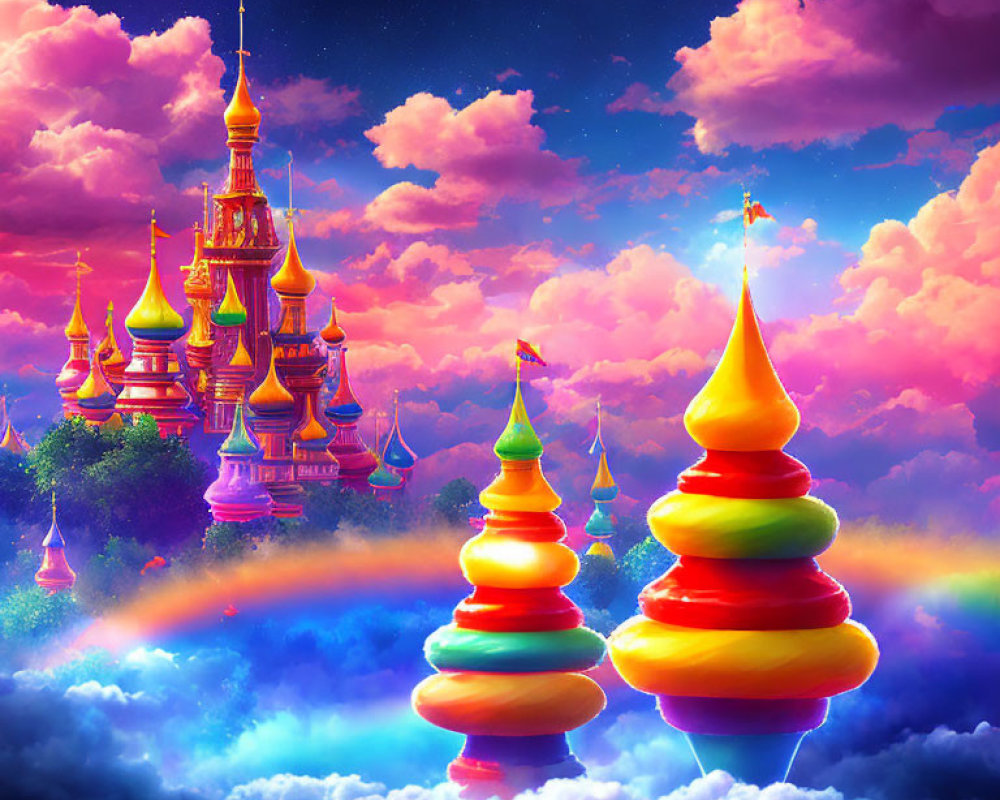 Colorful surreal artwork: Whimsical spires above pastel sunset sky