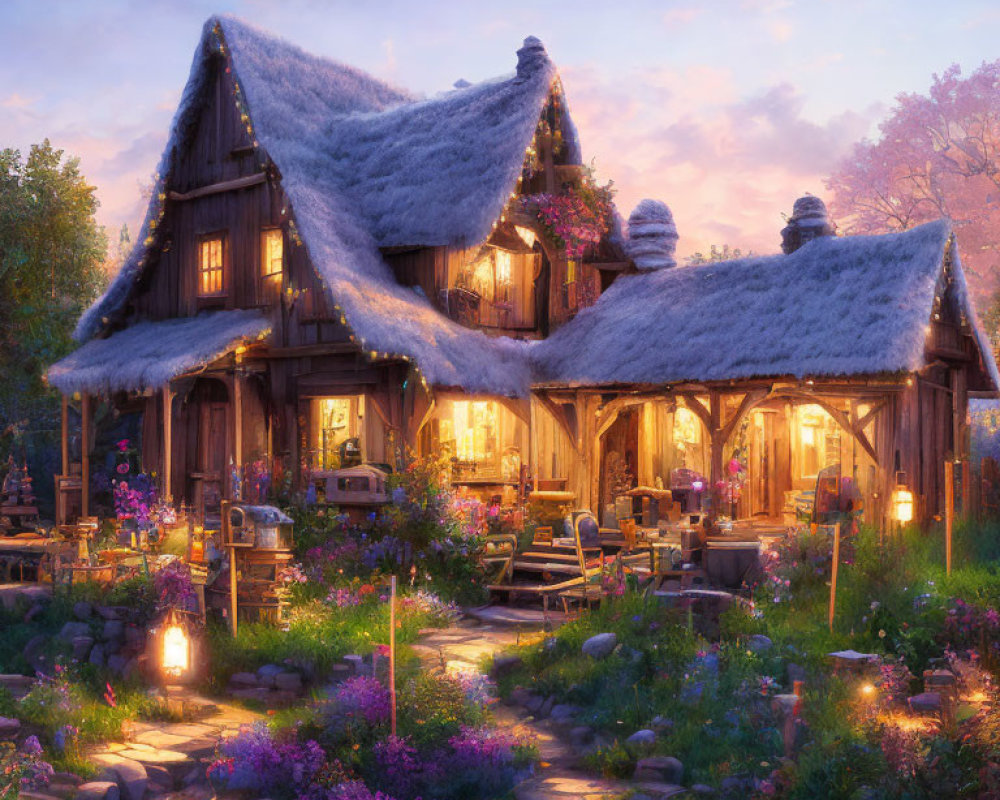 Enchanting twilight fantasy cottage with thatched roof and lush gardens