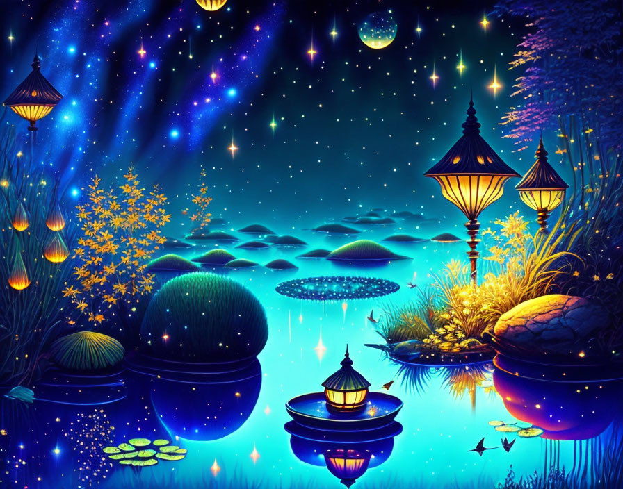 Digital artwork: Magical night scene with lanterns, floating platforms, and starry sky in an enchanted