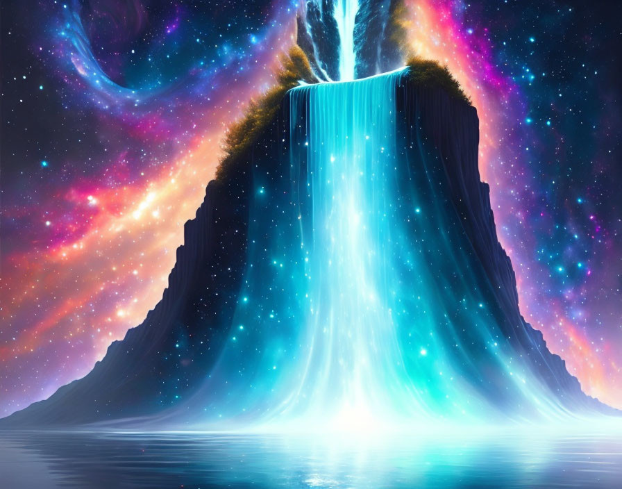 Colorful digital artwork: Celestial waterfall in nebula cosmos