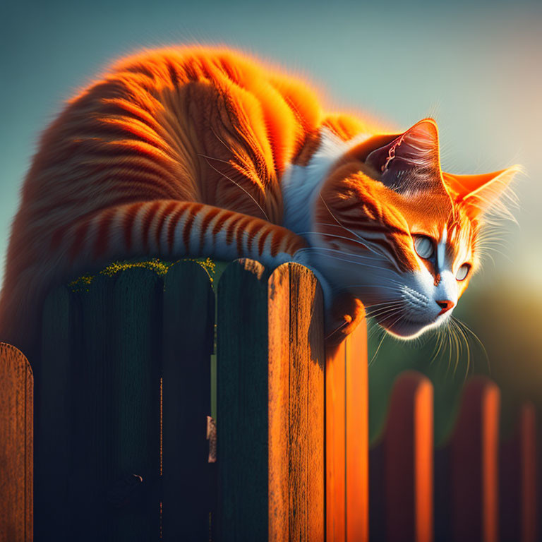 Orange and white cat on wooden fence in warm sunlight