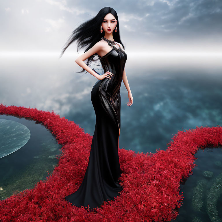 Digital artwork: Woman with flowing black hair in sleek black dress on red floral walkway above clouds