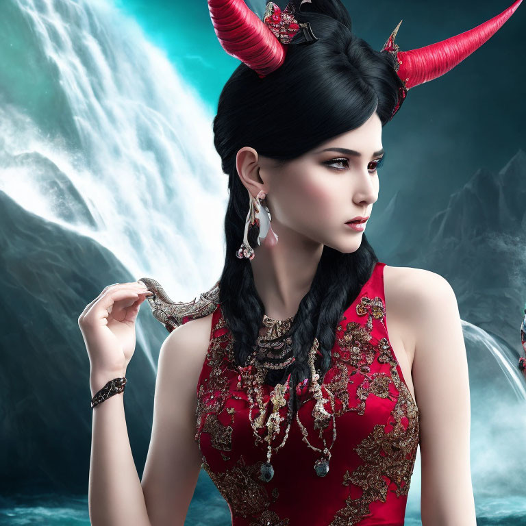 Woman in red dress with horns by stormy sea, intricate jewelry and braided hair.