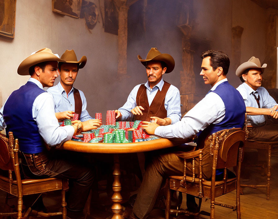 Cowboy-hat-clad men playing poker with chips in western-themed room