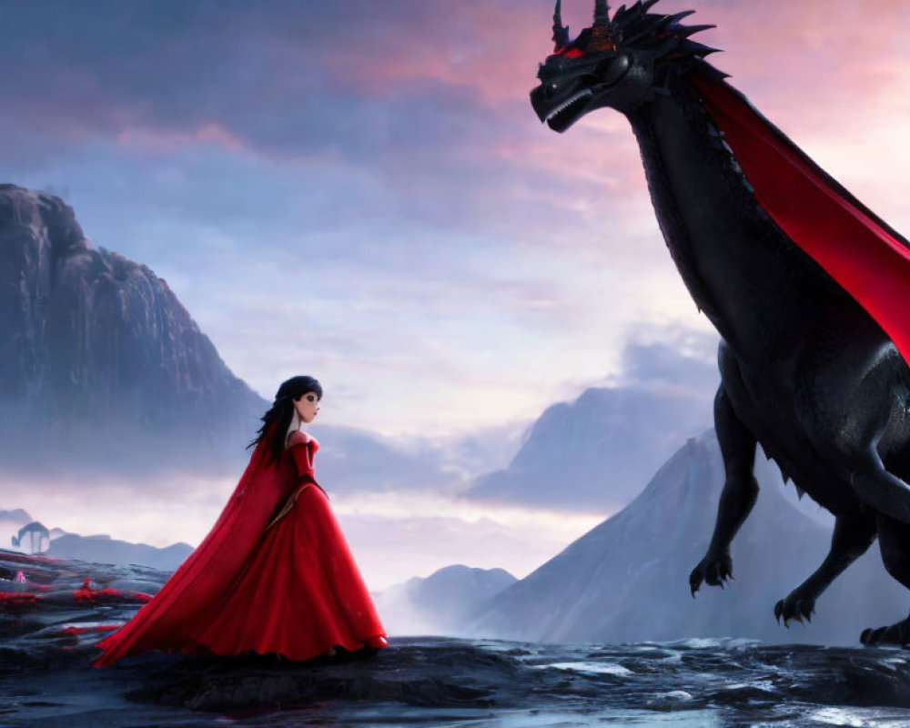 Woman in red cloak faces black dragon under dramatic sky at lakeshore