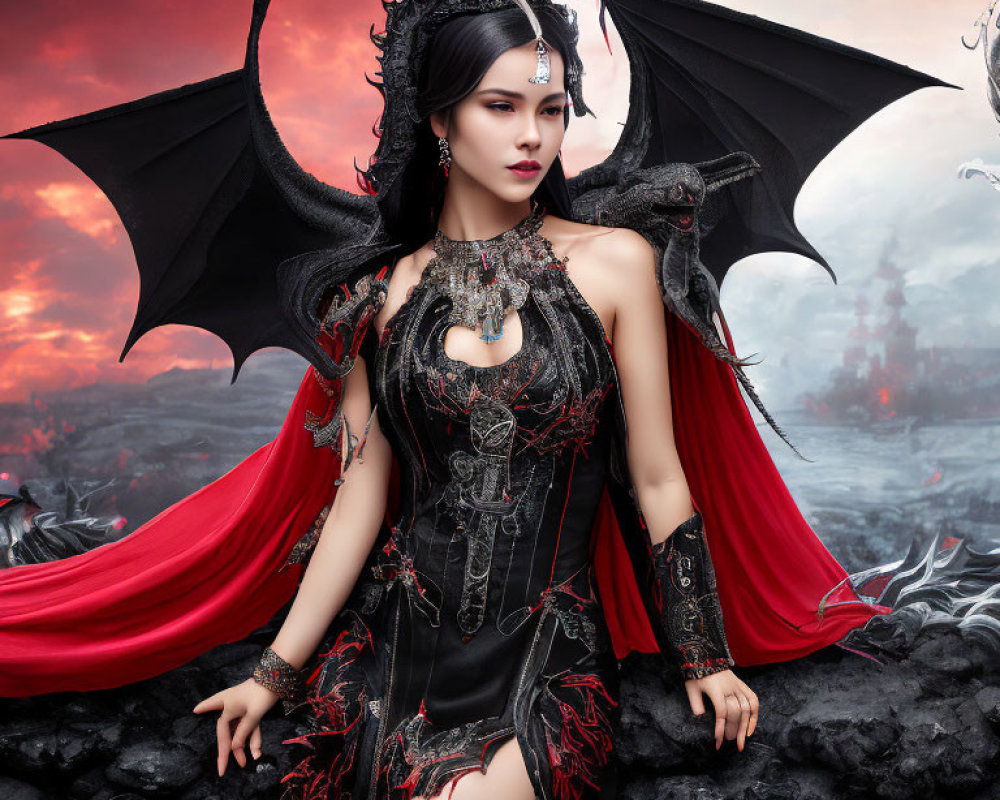 Fantasy-themed image: Woman in black and red costume with dragon-like wings in volcanic landscape