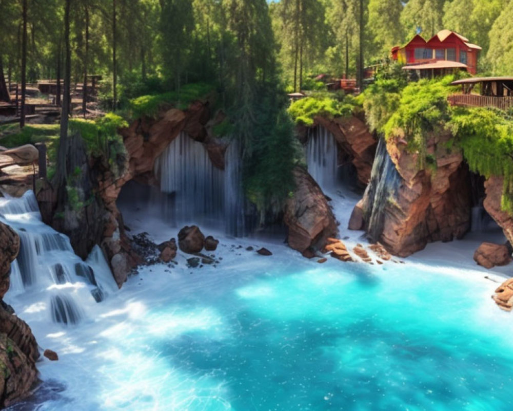 Tranquil waterfall cascades into blue pool with cabin on rock.