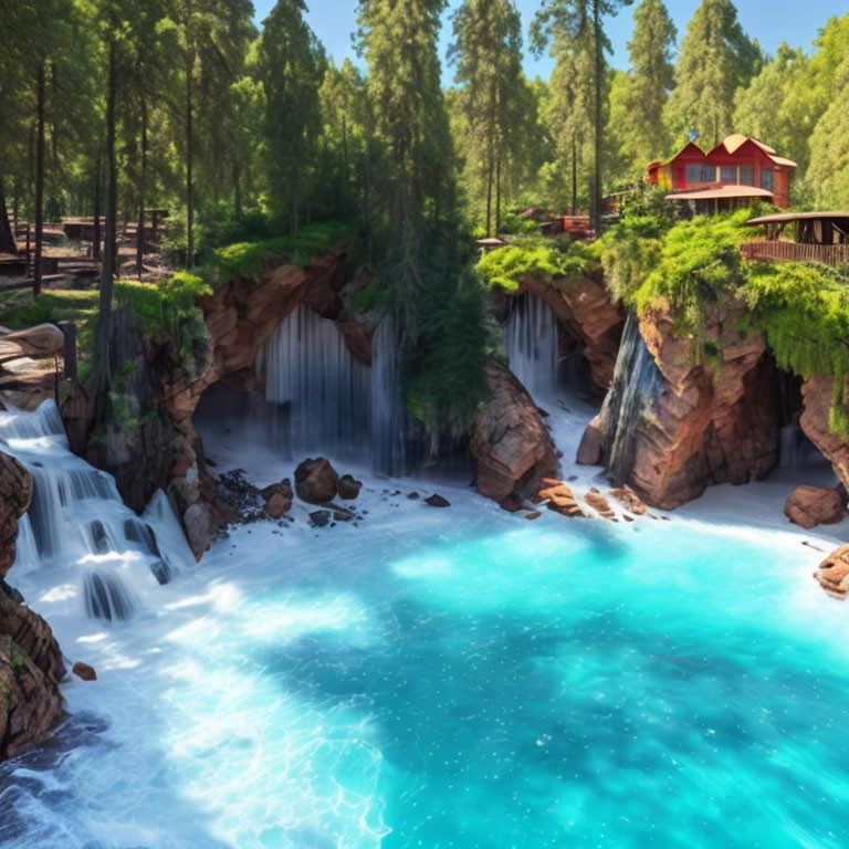 Tranquil waterfall cascades into blue pool with cabin on rock.