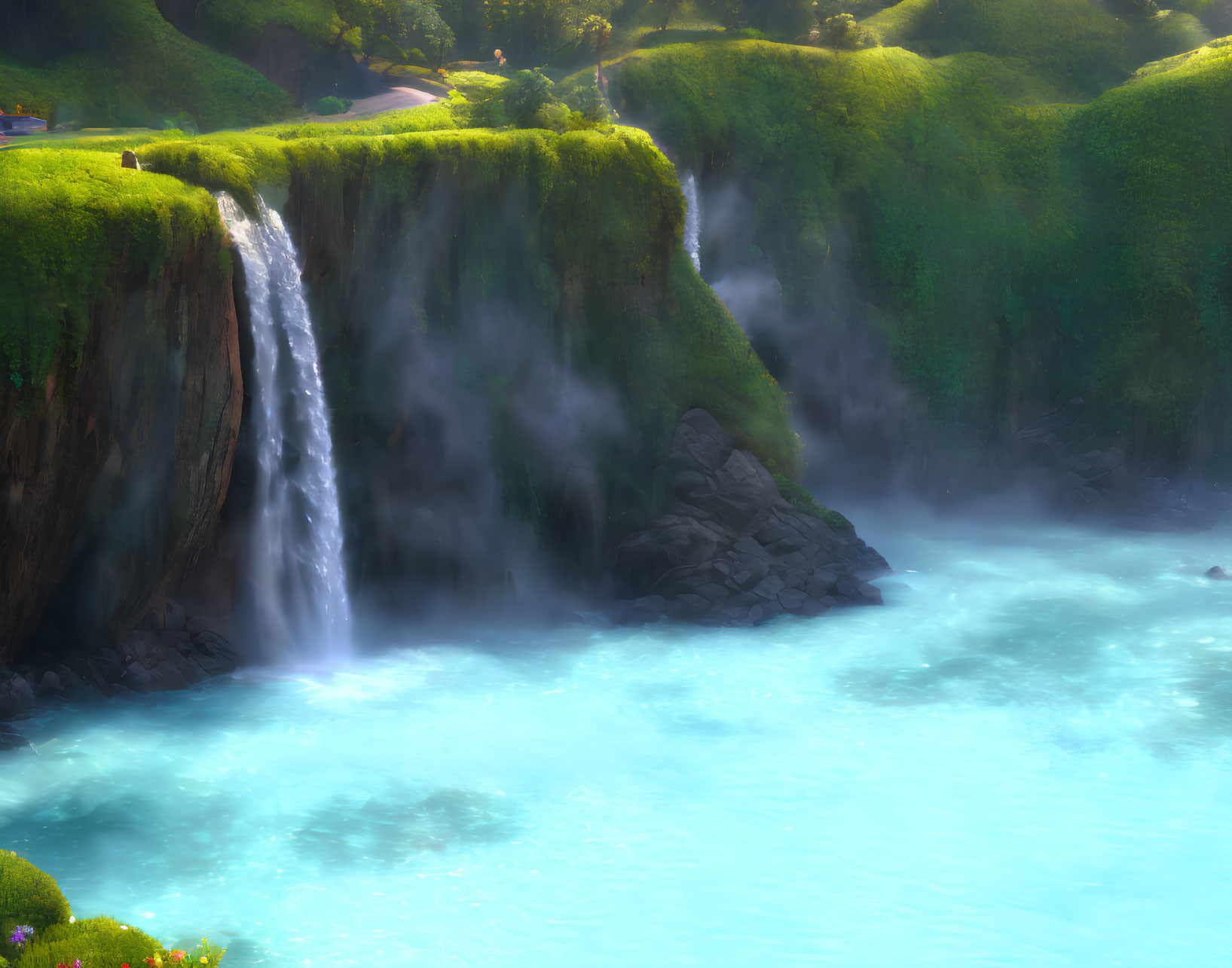 Vibrant green grass on cliff edges with cascading waterfalls into azure pool