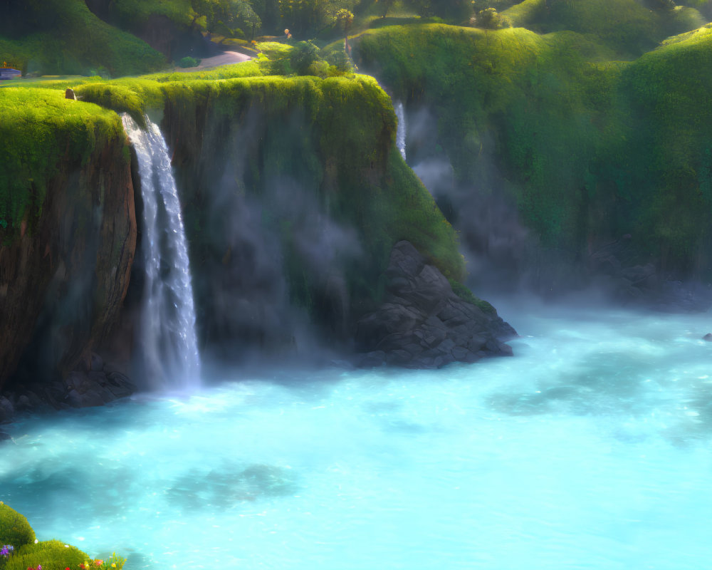 Vibrant green grass on cliff edges with cascading waterfalls into azure pool