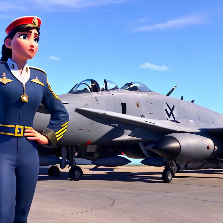 Confident Female Pilot in Uniform by Fighter Jet