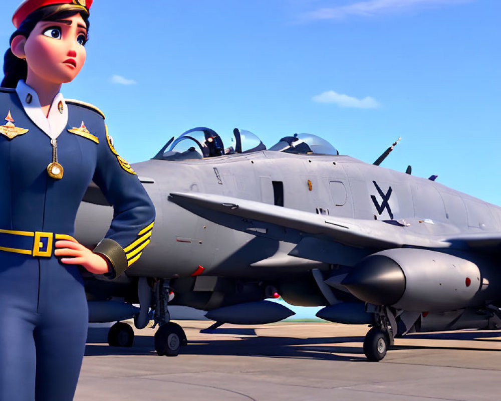 Confident Female Pilot in Uniform by Fighter Jet