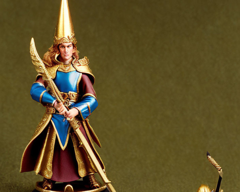 Golden armored knight figurine with blue and maroon cloak and spear next to miniature version