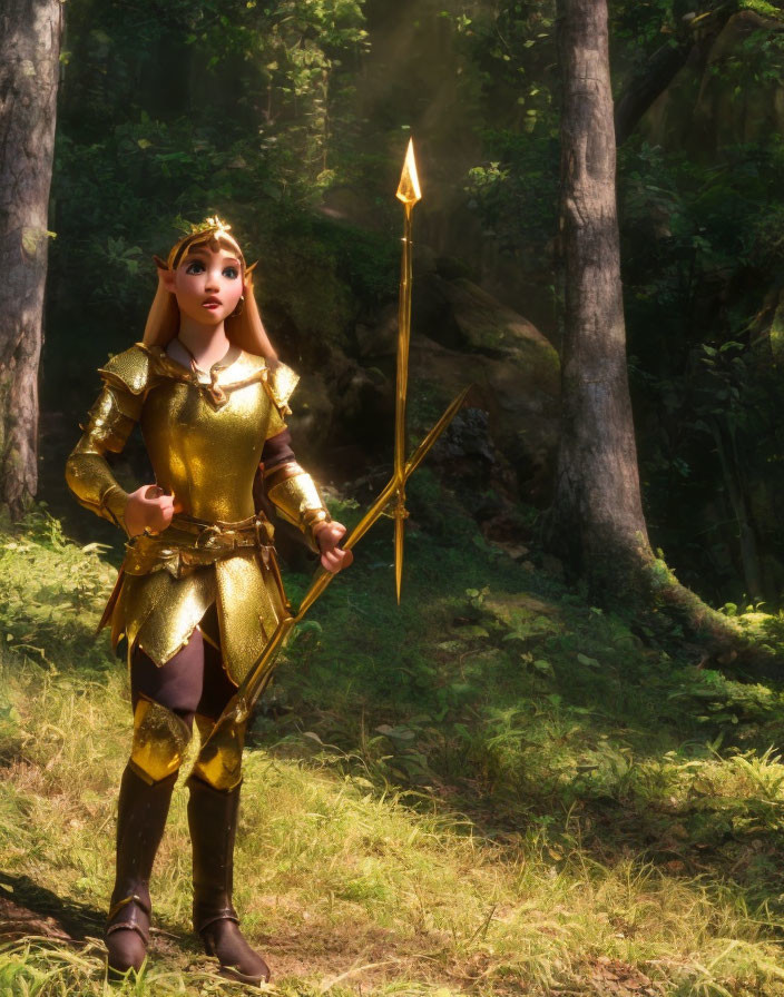 Golden-armored female warrior with spear in forest under sunlight