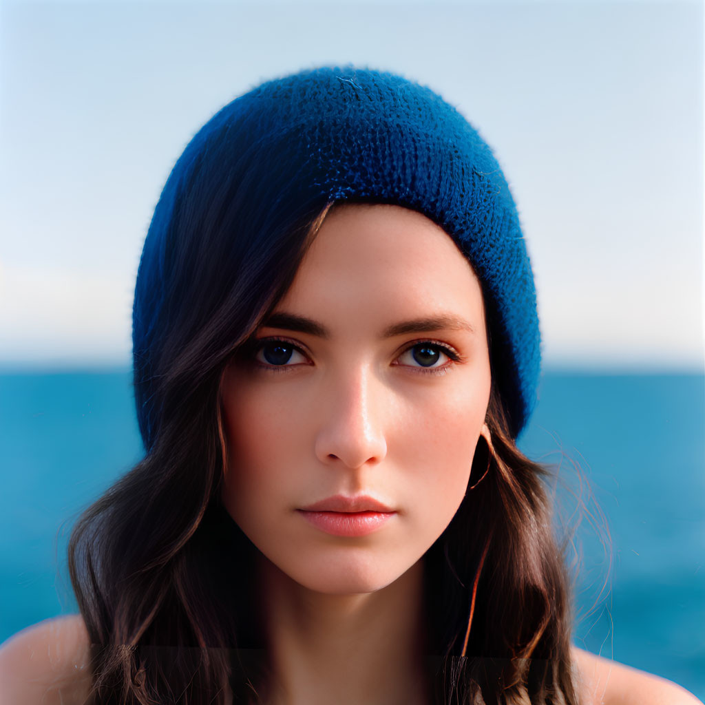 Woman in Blue Beanie and Drop Earrings Against Ocean Backdrop